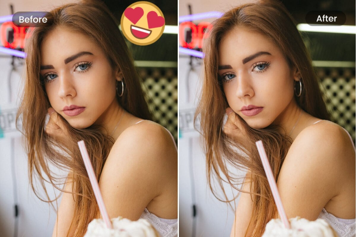 before and after result of removing emojis from girl pictures