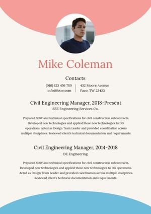cv, job, work, Civil Engineering Manager Blue Red Art Resume Template