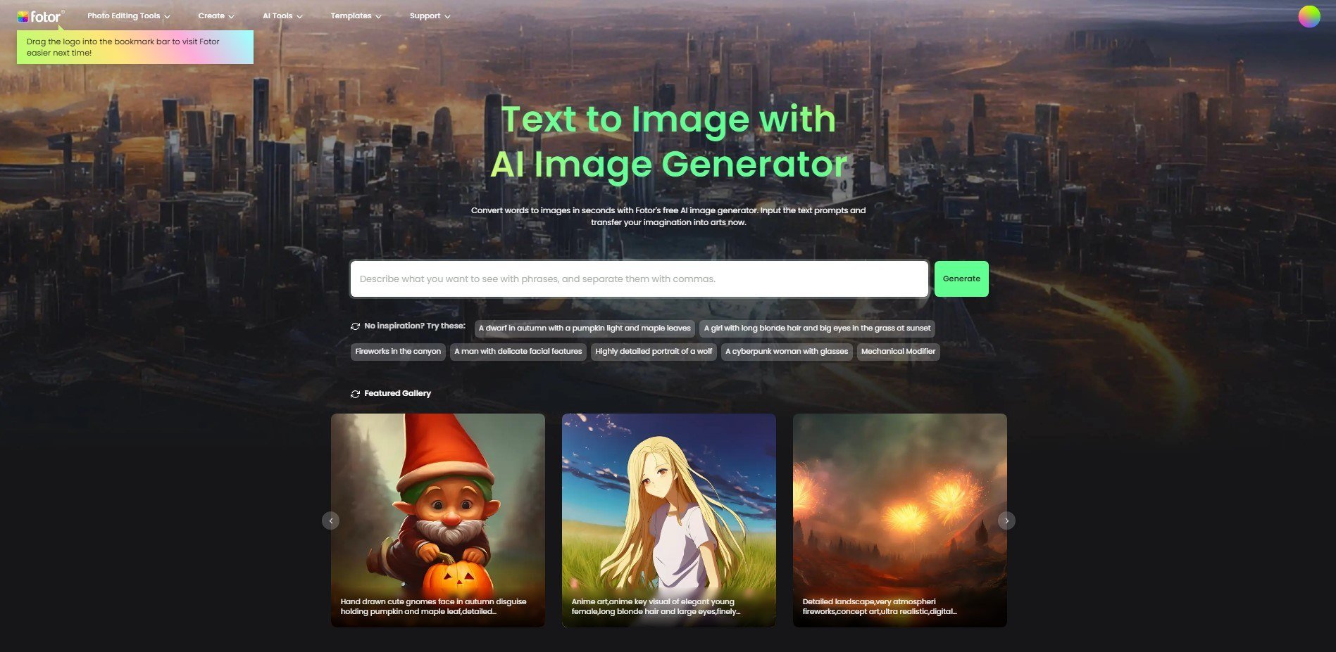 Fotor online ai image generator homepage
