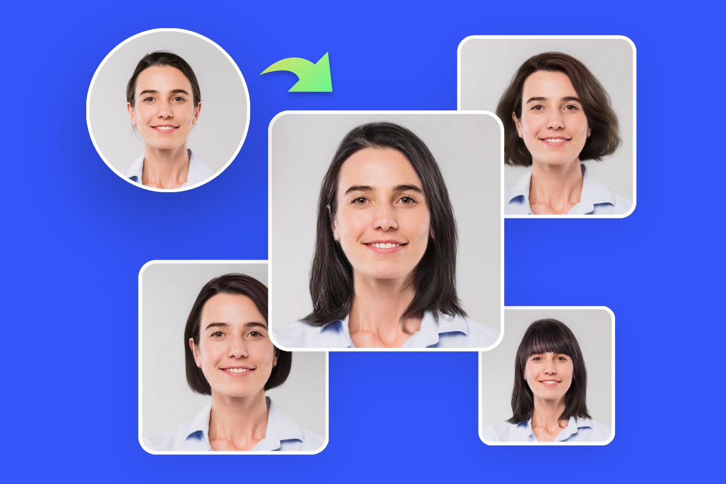 Use fotors online hairstyle changer to change female hairstyle into four different hairstyles